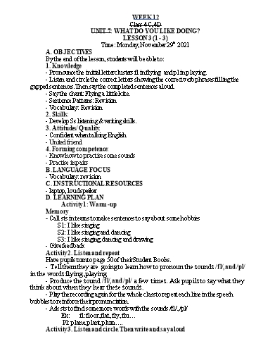 Kế hoạch bài dạy Tiếng Anh Lớp 4 - Tuần 12 - Năm học 2021-2022 - Nguyễn Thị Hồng Thắm