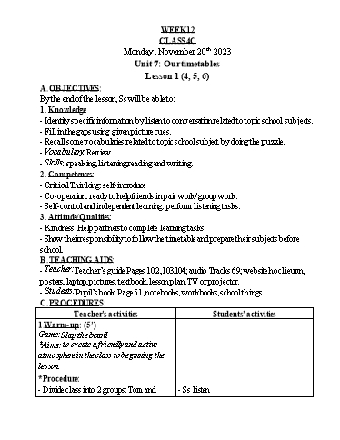 Kế hoạch bài dạy Tiếng Anh Lớp 4 - Tuần 12 - Năm học 2023-2024 - Nguyễn Thị Hồng Thắm