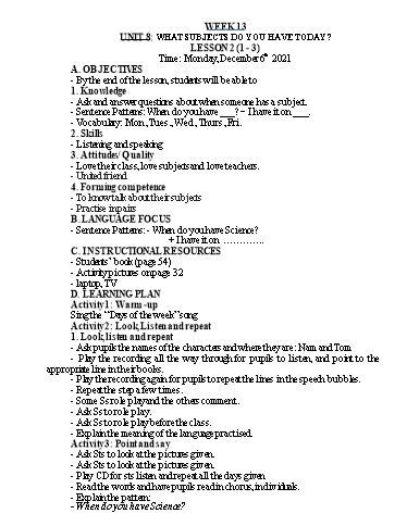 Kế hoạch bài dạy Tiếng Anh Lớp 4 - Tuần 13 - Năm học 2021-2022 - Nguyễn Thị Hồng Thắm