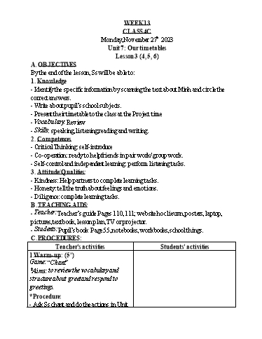 Kế hoạch bài dạy Tiếng Anh Lớp 4 - Tuần 13 - Năm học 2023-2024 - Nguyễn Thị Hồng Thắm