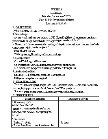 Kế hoạch bài dạy Tiếng Anh Lớp 4 - Tuần 14 - Năm học 2023-2024 - Nguyễn Thị Hồng Thắm