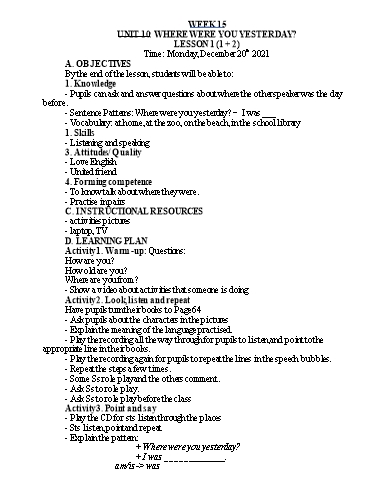 Kế hoạch bài dạy Tiếng Anh Lớp 4 - Tuần 15 - Năm học 2021-2022 - Nguyễn Thị Hồng Thắm