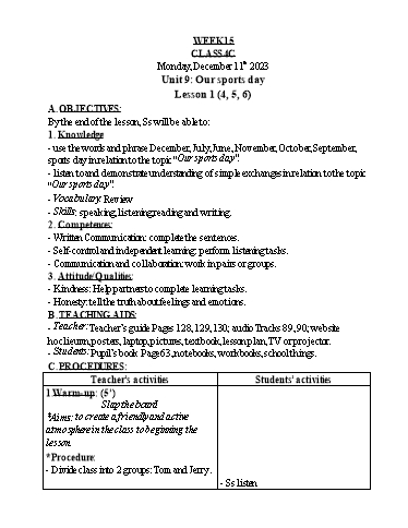 Kế hoạch bài dạy Tiếng Anh Lớp 4 - Tuần 15 - Năm học 2023-2024 - Nguyễn Thị Hồng Thắm