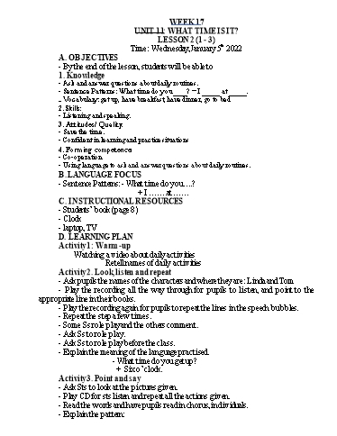 Kế hoạch bài dạy Tiếng Anh Lớp 4 - Tuần 17 - Năm học 2021-2022 - Nguyễn Thị Hồng Thắm