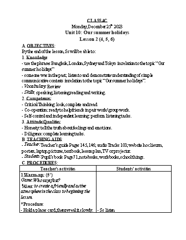 Kế hoạch bài dạy Tiếng Anh Lớp 4 - Tuần 17 - Năm học 2023-2024 - Nguyễn Thị Hồng Thắm