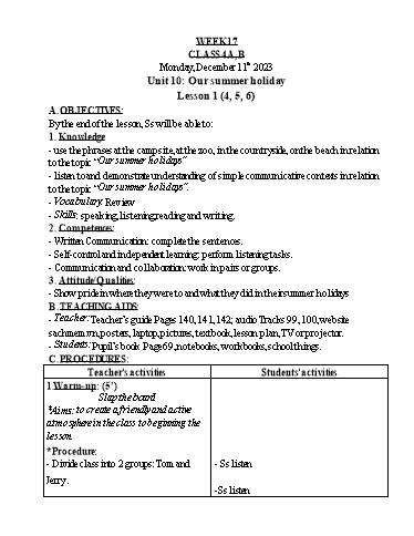 Kế hoạch bài dạy Tiếng Anh Lớp 4 - Tuần 17 - Năm học 2023-2024 - Nguyễn Thị Hồng Thắm