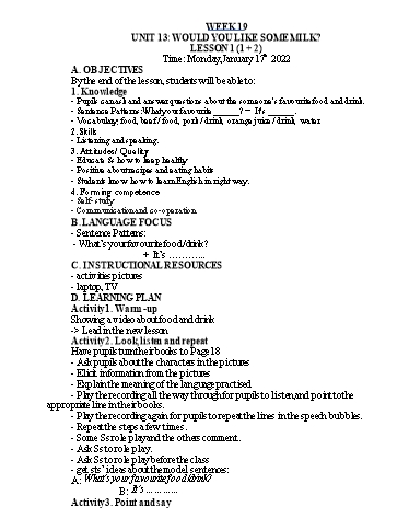 Kế hoạch bài dạy Tiếng Anh Lớp 4 - Tuần 19 - Năm học 2021-2022 - Nguyễn Thị Hồng Thắm