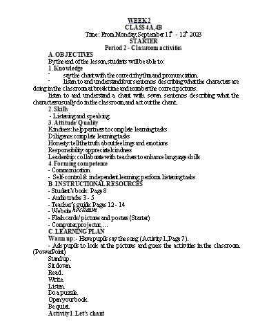 Kế hoạch bài dạy Tiếng Anh Lớp 4 - Tuần 2 - Năm học 2023-2024 - Nguyễn Thị Hồng Thắm