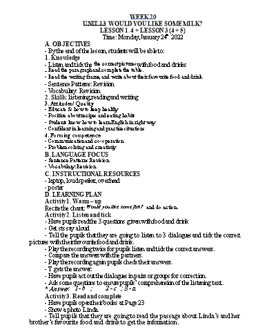 Kế hoạch bài dạy Tiếng Anh Lớp 4 - Tuần 20 - Năm học 2021-2022 - Nguyễn Thị Hồng Thắm
