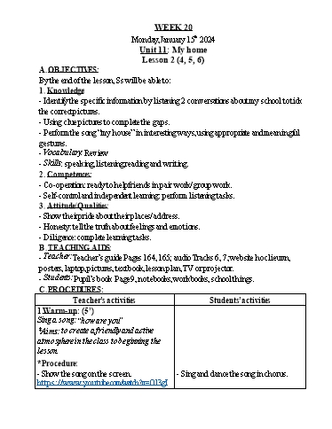 Kế hoạch bài dạy Tiếng Anh Lớp 4 - Tuần 20 - Năm học 2023-2024 - Nguyễn Thị Hồng Thắm