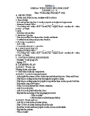 Kế hoạch bài dạy Tiếng Anh Lớp 4 - Tuần 21 - Năm học 2021-2022 - Nguyễn Thị Hồng Thắm