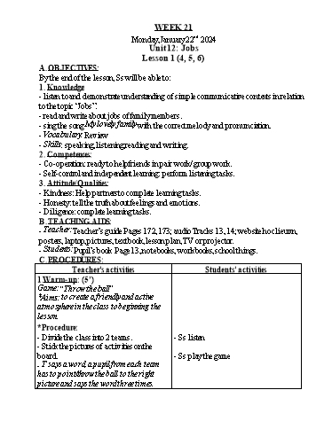 Kế hoạch bài dạy Tiếng Anh Lớp 4 - Tuần 21 - Năm học 2023-2024 - Nguyễn Thị Hồng Thắm
