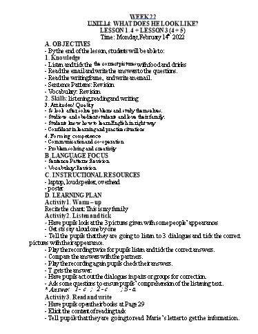 Kế hoạch bài dạy Tiếng Anh Lớp 4 - Tuần 22 - Năm học 2021-2022 - Nguyễn Thị Hồng Thắm
