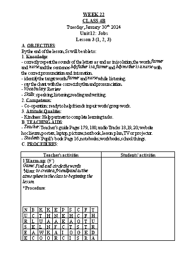 Kế hoạch bài dạy Tiếng Anh Lớp 4 - Tuần 22 - Năm học 2023-2024 - Nguyễn Thị Hồng Thắm