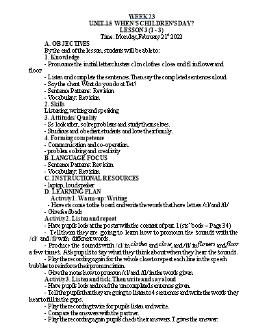Kế hoạch bài dạy Tiếng Anh Lớp 4 - Tuần 23 - Năm học 2021-2022 - Nguyễn Thị Hồng Thắm
