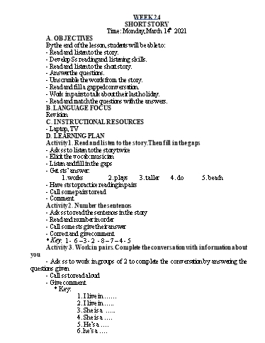 Kế hoạch bài dạy Tiếng Anh Lớp 4 - Tuần 24 - Năm học 2021-2022 - Nguyễn Thị Hồng Thắm