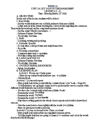 Kế hoạch bài dạy Tiếng Anh Lớp 4 - Tuần 25 - Năm học 2021-2022 - Nguyễn Thị Hồng Thắm