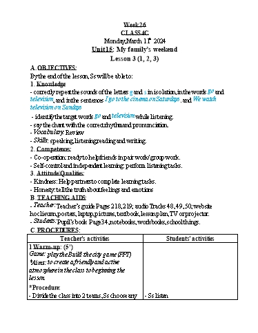 Kế hoạch bài dạy Tiếng Anh Lớp 4 - Tuần 26 - Năm học 2023-2024 - Nguyễn Thị Hồng Thắm