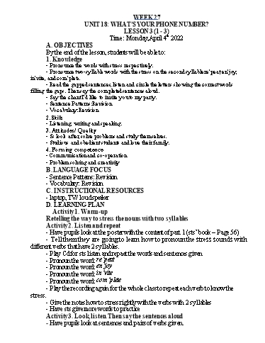 Kế hoạch bài dạy Tiếng Anh Lớp 4 - Tuần 27 - Năm học 2021-2022 - Nguyễn Thị Hồng Thắm