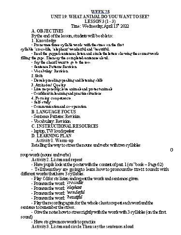 Kế hoạch bài dạy Tiếng Anh Lớp 4 - Tuần 28 - Năm học 2021-2022 - Nguyễn Thị Hồng Thắm
