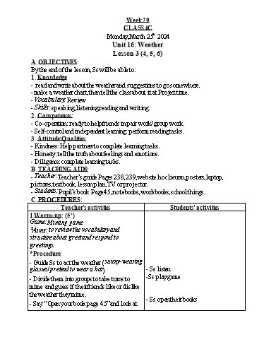 Kế hoạch bài dạy Tiếng Anh Lớp 4 - Tuần 29 - Năm học 2023-2024 - Nguyễn Thị Hồng Thắm