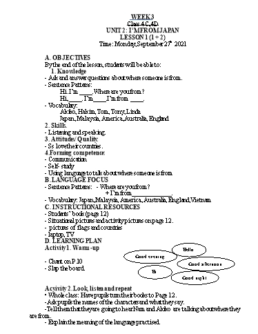 Kế hoạch bài dạy Tiếng Anh Lớp 4 - Tuần 3 - Năm học 2021-2022 - Nguyễn Thị Hồng Thắm