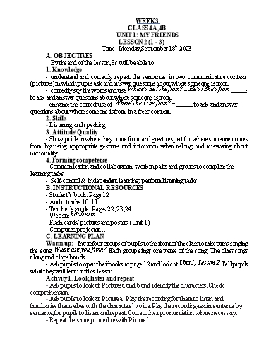 Kế hoạch bài dạy Tiếng Anh Lớp 4 - Tuần 3 - Năm học 2023-2024 - Nguyễn Thị Hồng Thắm