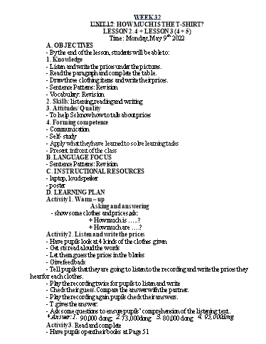 Kế hoạch bài dạy Tiếng Anh Lớp 4 - Tuần 32 - Năm học 2021-2022 - Nguyễn Thị Hồng Thắm