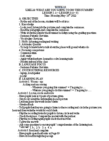 Kế hoạch bài dạy Tiếng Anh Lớp 4 - Tuần 33 - Năm học 2021-2022 - Nguyễn Thị Hồng Thắm