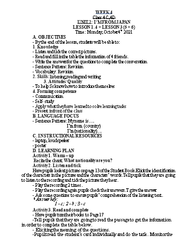 Kế hoạch bài dạy Tiếng Anh Lớp 4 - Tuần 4 - Năm học 2021-2022 - Nguyễn Thị Hồng Thắm