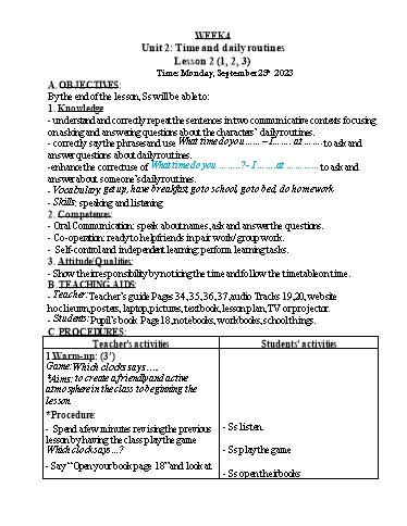 Kế hoạch bài dạy Tiếng Anh Lớp 4 - Tuần 4 - Năm học 2023-2024 - Nguyễn Thị Hồng Thắm