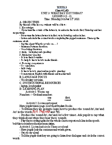 Kế hoạch bài dạy Tiếng Anh Lớp 4 - Tuần 5 - Năm học 2021-2022 - Nguyễn Thị Hồng Thắm