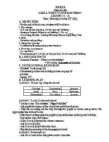Kế hoạch bài dạy Tiếng Anh Lớp 4 - Tuần 6 - Năm học 2021-2022 - Nguyễn Thị Hồng Thắm
