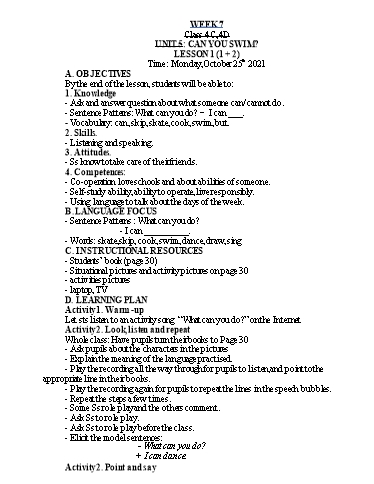 Kế hoạch bài dạy Tiếng Anh Lớp 4 - Tuần 7 - Năm học 2021-2022 - Nguyễn Thị Hồng Thắm