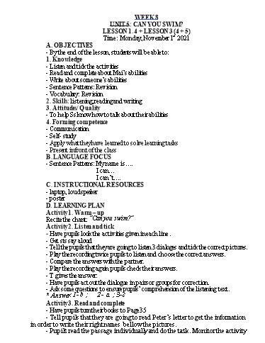 Kế hoạch bài dạy Tiếng Anh Lớp 4 - Tuần 8 - Năm học 2021-2022 - Nguyễn Thị Hồng Thắm