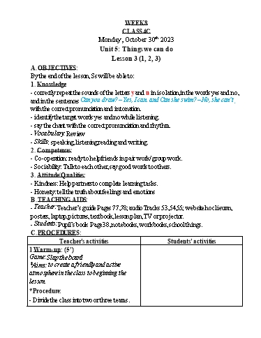 Kế hoạch bài dạy Tiếng Anh Lớp 4 - Tuần 9 - Năm học 2023-2024 - Nguyễn Thị Hồng Thắm
