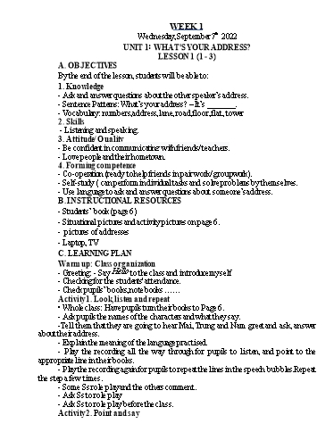 Kế hoạch bài dạy Tiếng Anh Lớp 5 - Tuần 1 - Năm học 2022-2023 - Nguyễn Thị Hồng Thắm