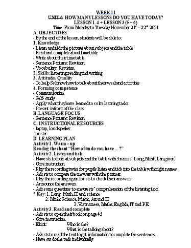 Kế hoạch bài dạy Tiếng Anh Lớp 5 - Tuần 11 - Năm học 2021-2022 - Nguyễn Thị Hồng Thắm
