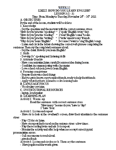 Kế hoạch bài dạy Tiếng Anh Lớp 5 - Tuần 12 - Năm học 2021-2022 - Nguyễn Thị Hồng Thắm