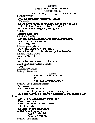 Kế hoạch bài dạy Tiếng Anh Lớp 5 - Tuần 13 - Năm học 2021-2022 - Nguyễn Thị Hồng Thắm