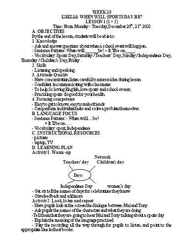 Kế hoạch bài dạy Tiếng Anh Lớp 5 - Tuần 15 - Năm học 2021-2022 - Nguyễn Thị Hồng Thắm