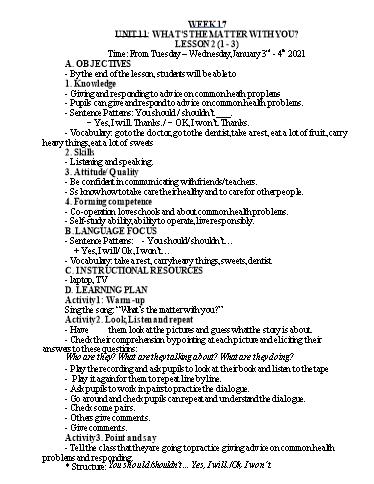 Kế hoạch bài dạy Tiếng Anh Lớp 5 - Tuần 17 - Năm học 2021-2022 - Nguyễn Thị Hồng Thắm