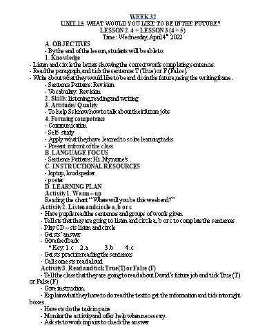 Kế hoạch bài dạy Tiếng Anh Lớp 5 - Tuần 31 - Năm học 2021-2022 - Nguyễn Thị Hồng Thắm