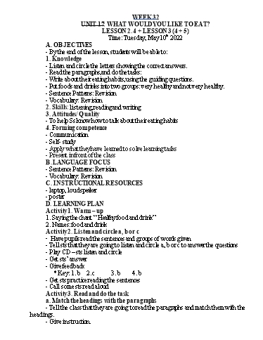Kế hoạch bài dạy Tiếng Anh Lớp 5 - Tuần 32 - Năm học 2021-2022 - Nguyễn Thị Hồng Thắm