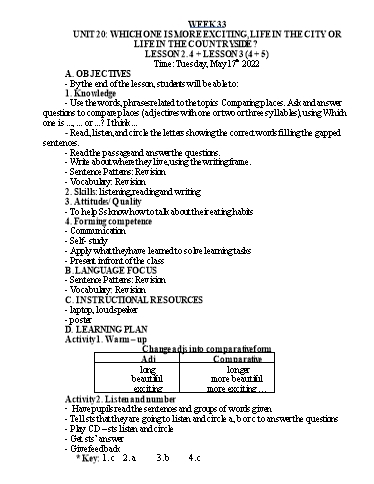 Kế hoạch bài dạy Tiếng Anh Lớp 5 - Tuần 33 - Năm học 2021-2022 - Nguyễn Thị Hồng Thắm