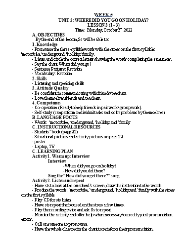 Kế hoạch bài dạy Tiếng Anh Lớp 5 - Tuần 5 - Năm học 2022-2023 - Nguyễn Thị Hồng Thắm