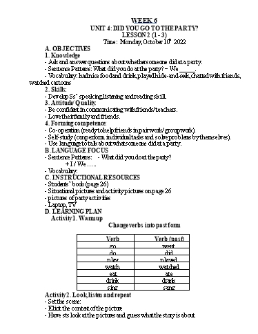 Kế hoạch bài dạy Tiếng Anh Lớp 5 - Tuần 6 - Năm học 2022-2023 - Nguyễn Thị Hồng Thắm