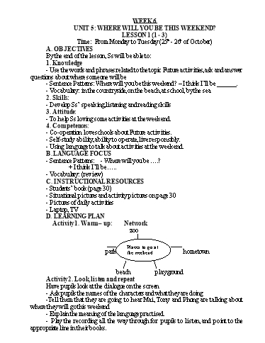Kế hoạch bài dạy Tiếng Anh Lớp 5 - Tuần 7 - Năm học 2021-2022 - Nguyễn Thị Hồng Thắm