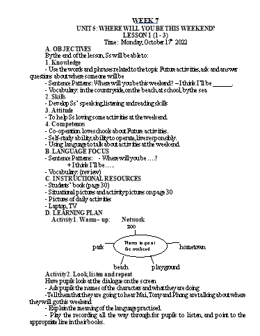 Kế hoạch bài dạy Tiếng Anh Lớp 5 - Tuần 7 - Năm học 2022-2023 - Nguyễn Thị Hồng Thắm