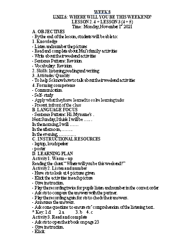 Kế hoạch bài dạy Tiếng Anh Lớp 5 - Tuần 8 - Năm học 2021-2022 - Nguyễn Thị Hồng Thắm